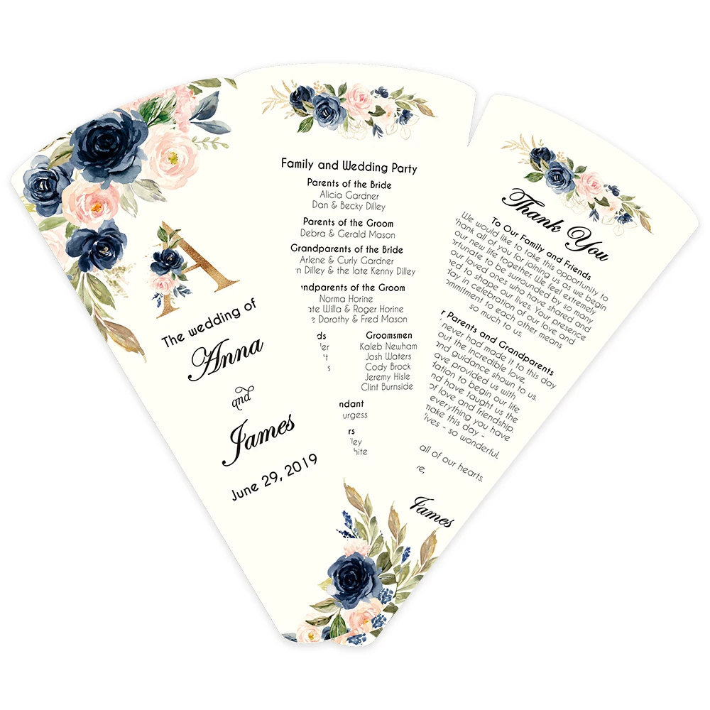 

50 pcs Wedding Program Petal Fans Assembled Single Side printing Green Customized printed three pages