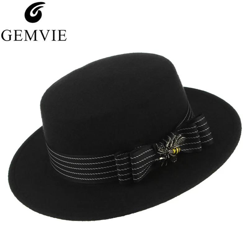 Elegant Women Fedoras Hats Vintage Jazz Cap GEMVIE Black Flat Top Wide Brim Lady Panama Hat Cute Bee Ribbon Bow Pillbox Hat