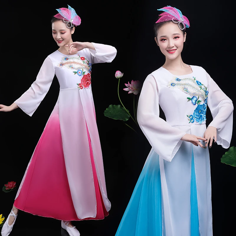 

Flower Elegant Chinese Folk Dance Costume Women Chorus Performance Dress Fashion Dancing Clothes Ethnic National Dancewear
