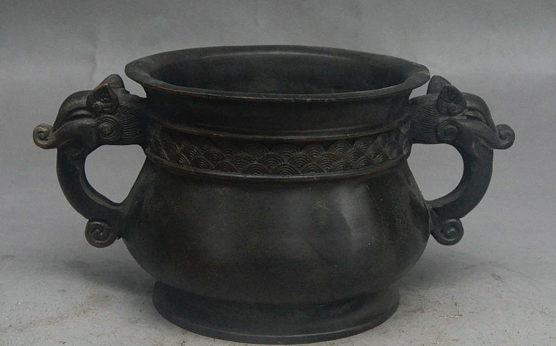 

8" Rare Old Tibet Buddhism Palace Bronze Auspicious Wealth Incense Burner Censer