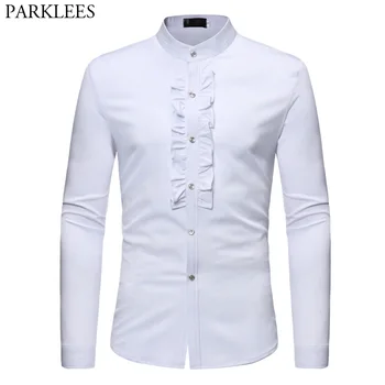 

Classic Stand Collar Tuxedo Dress Shirt Men 2018 Brand New Slim Fit Long Sleeve Shirt Male Dinner Wedding Banquet Chemise Homme