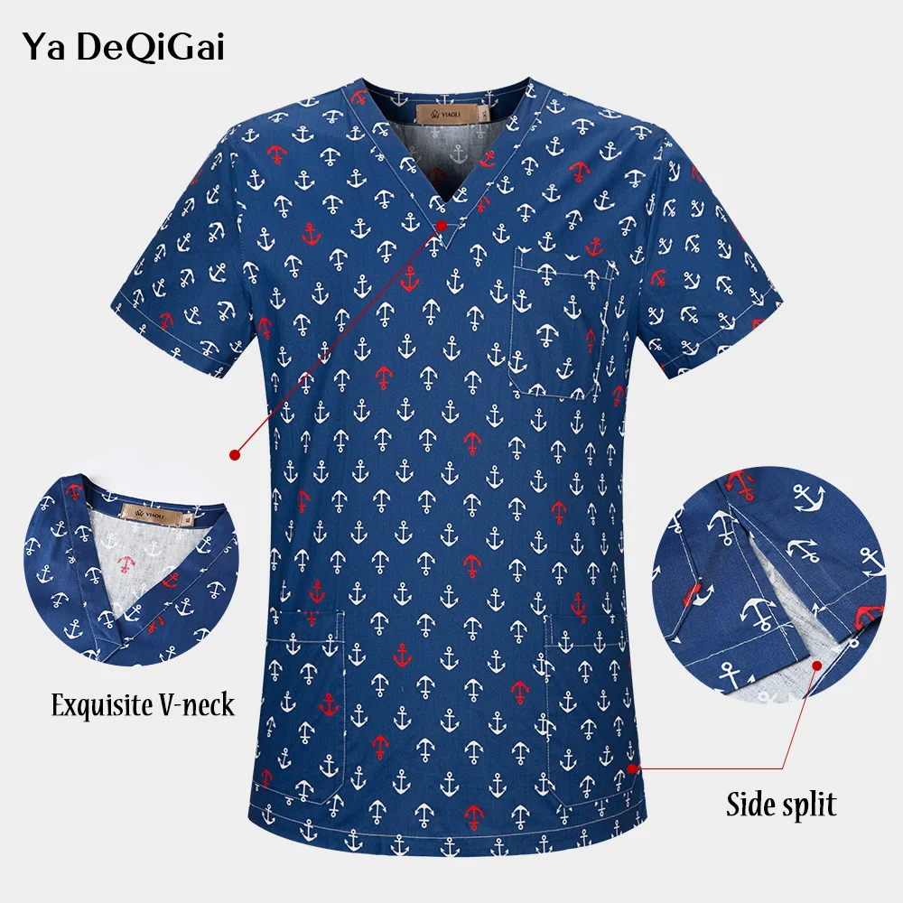 

Unisex V-Neck Cotton Breathable Scrub Top Printing Surgical Medical Uniform Hospital Nurse doctor Scrub Tops For Women and men