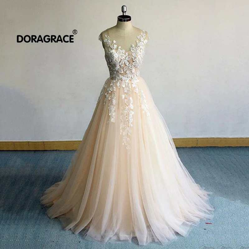 Doragrace robe de soiree Аппликация Кружева Тюль, цвет Шампань длинное платье для выпускного бала платья