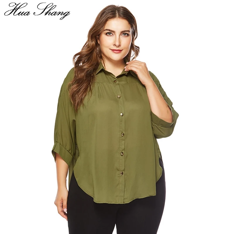 

Green Women Blouse Shirt 2018 Summer Fashion Female Turn Down Collar Three Quarter Sleeve Irregular Shirt Ladies Office Shirts