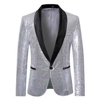 

Mens Shawl Lapel Blazer 2019 Fashion Sliver Sequin Suit Jacket Men Punk DJ Club Stage Singer Clothes Party Wedding Suit for Men