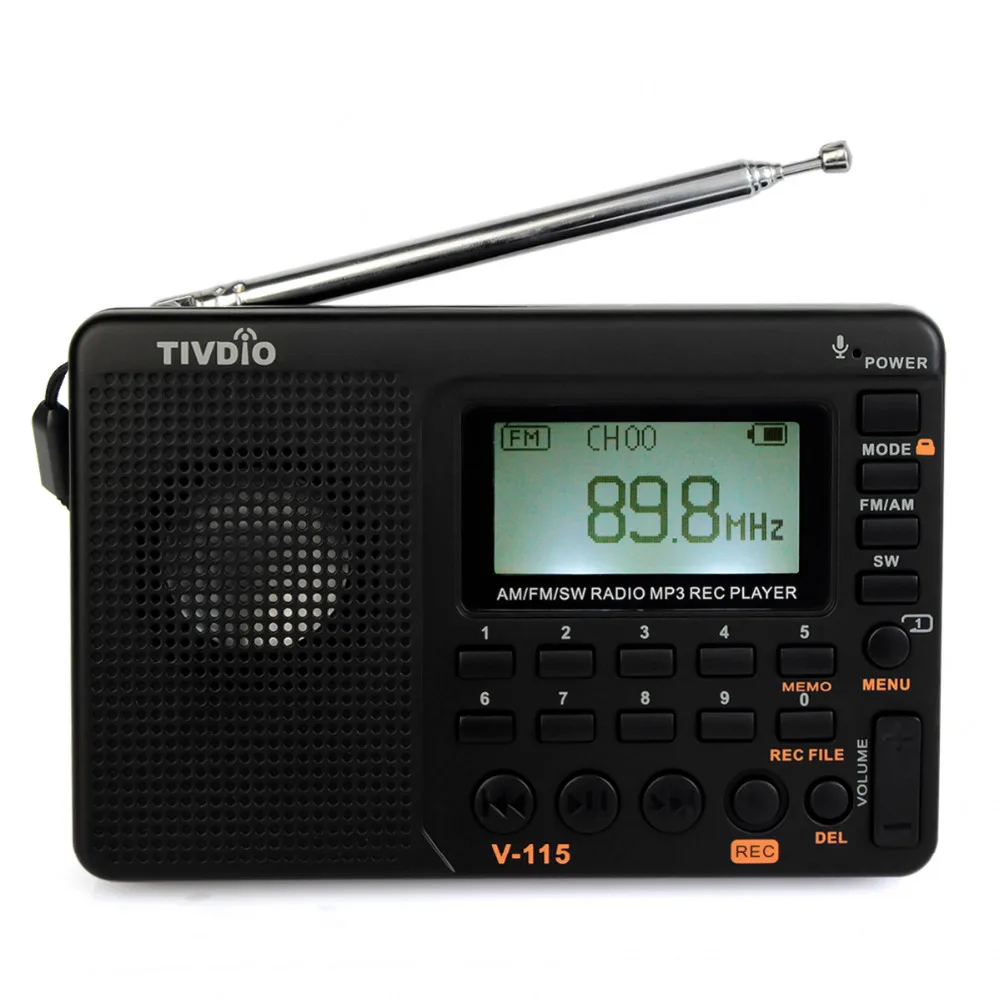 TIVDIO V-115 Radio FM/AM/SW World Band Receiver MP3 Player REC Recorder With Sleep Timer Black FM Radio Recorder F9205A