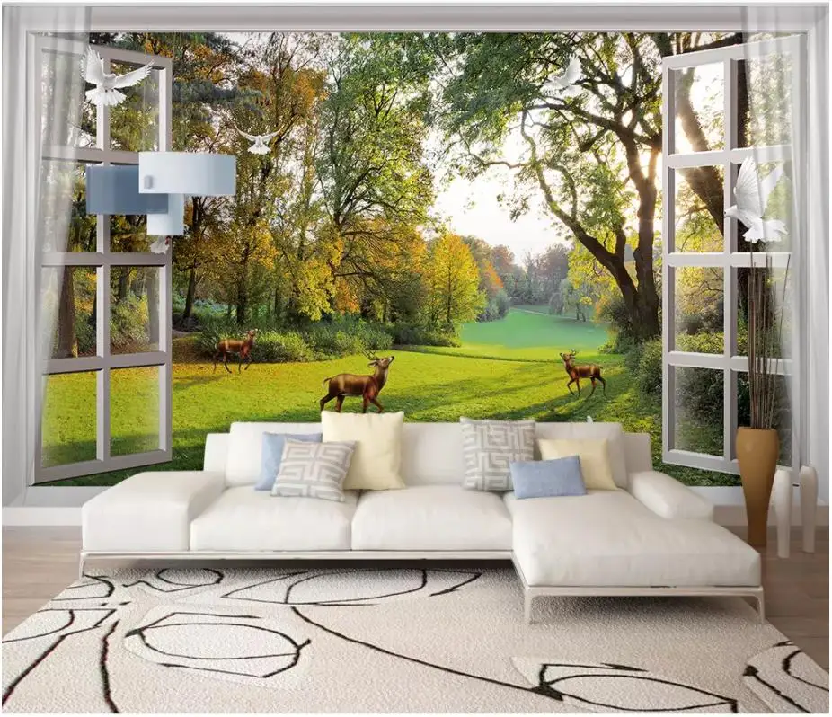 Custom photo wallpaper for walls 3 d murals Window outside the forest small river deer dove TV background wall | Обустройство дома