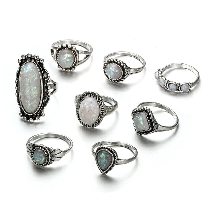 

Bohemian Vintage 8pcs Boho Opal Stone Finger above Knuckle Band Midi Rings Stacking Ring Set
