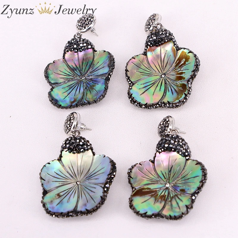 

3Pairs ZYZ304-5007 Fashion Jewelry Rhinestone Paved Natural Abalone Shell Flower Dangle Earring