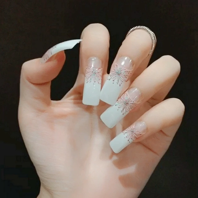 24pcs Pre Designed Fake Nails Super Long Clear French Holo 24pcs Pre Designed Fake Nails Super Long Clear French Holo Dandelion White Decoration