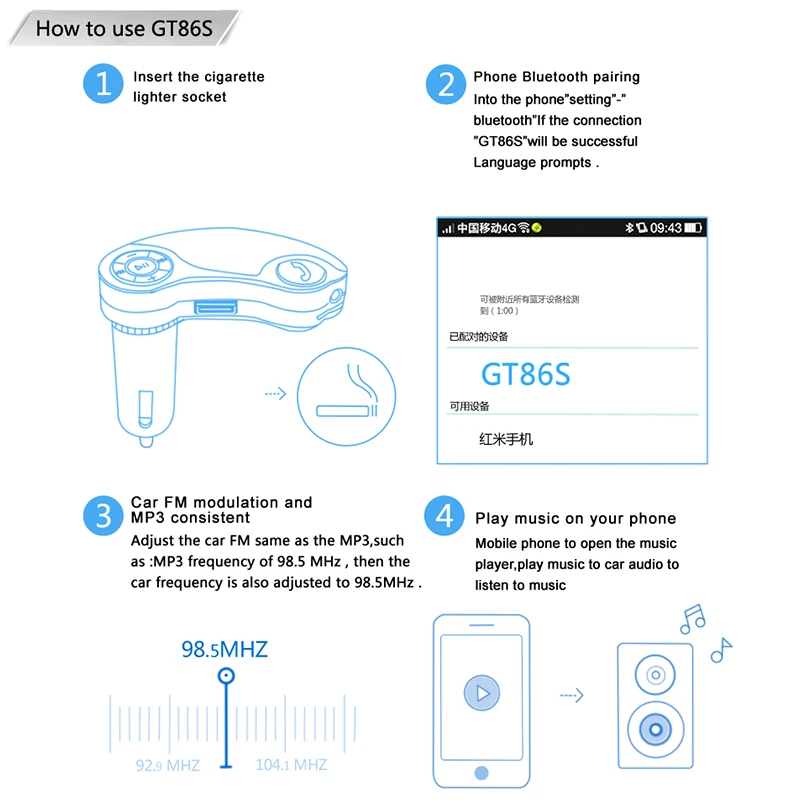 Мини Bluetooth музыка автомобиль Mp3 плеер GT86S Bluetooth автомобильный набор, свободные руки, FM передатчик модулятор с автомобильным Зарядное устройство Поддержка U диск/TF карты