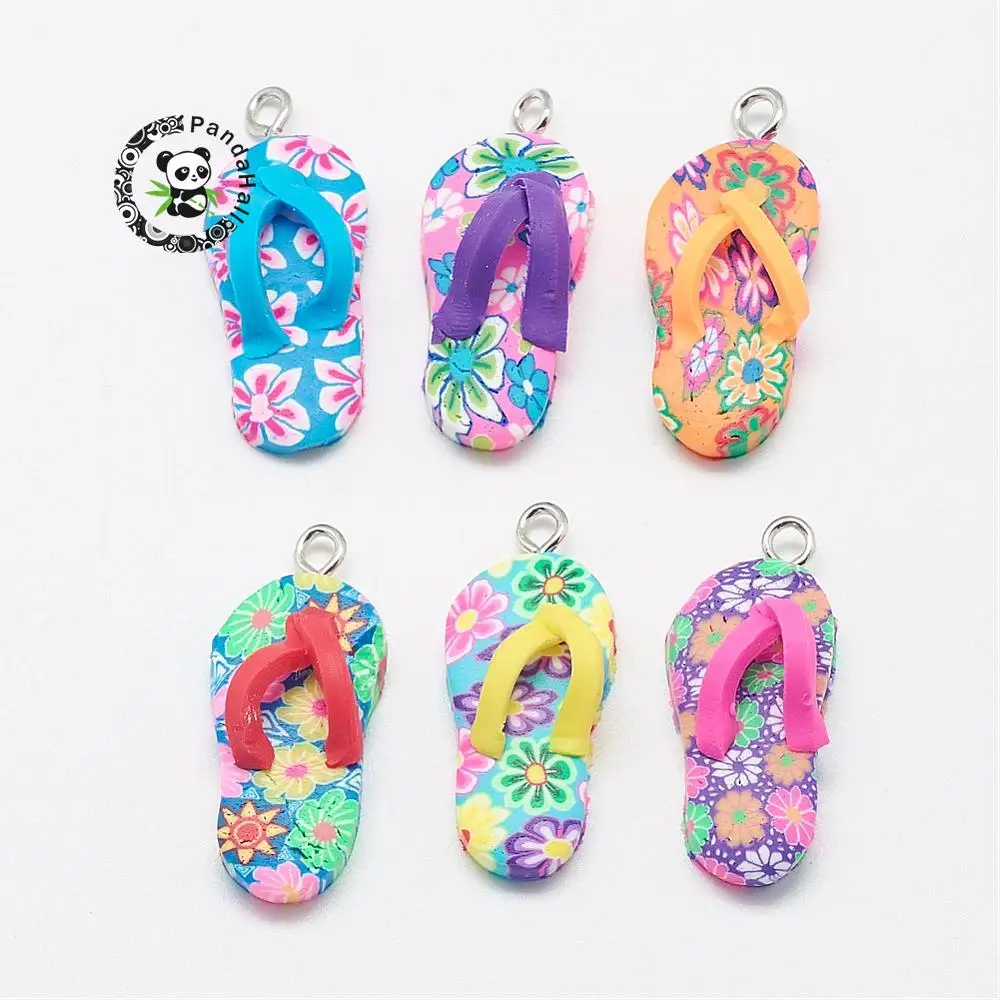 

Handmade Polymer Clay Pendants, with Alloy Findings, Flip-flops, Mixed Color, 30~32x13x9mm, Hole: 2.5mm