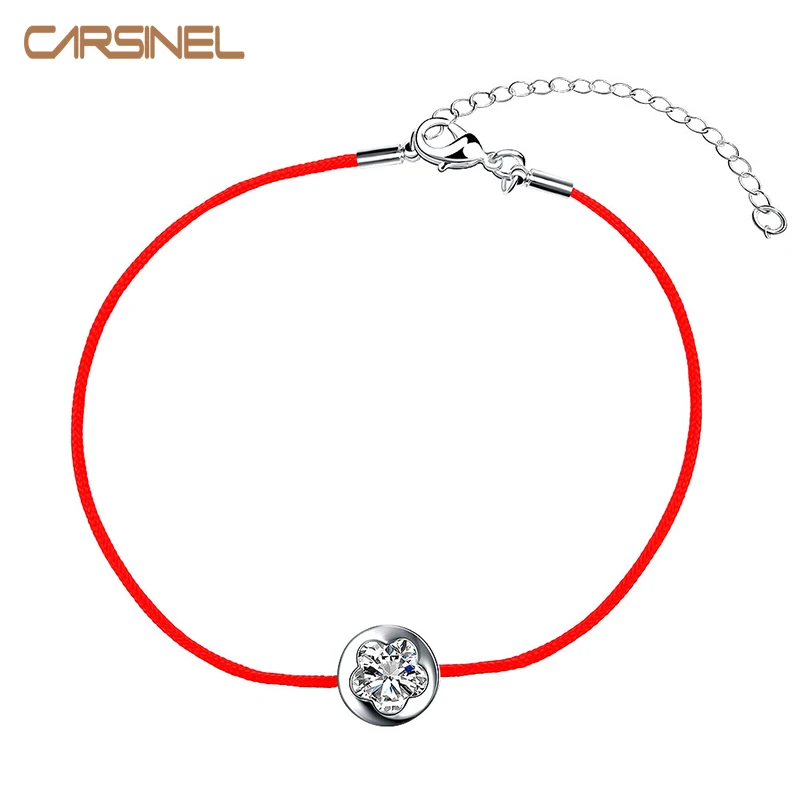 Модный посеребренный браслет CARSINEL с фианитами и тонким красным шнуром блестящая