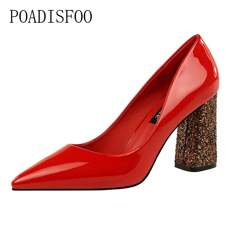 

POADISFOO shoes high heels sequins rough with high-heeled patent leather shallow mouth pointed sexy nightclub shoes .DS-828-16