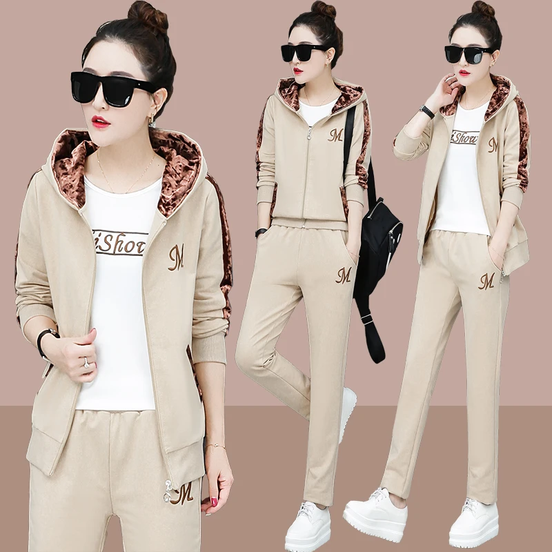 

Korean Fashion Leisure Suits New Big Yards Loose Long-Sleeved Hoodies Sweatshirt & Pants Fleece Three-Piece Suit Women Outfit