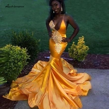 Lakshmigown Sparkly Gold Evening Dress Long Little Mermaid Vestido de Gala Sexy Black Girl Prom Party Dresses Evening Gowns