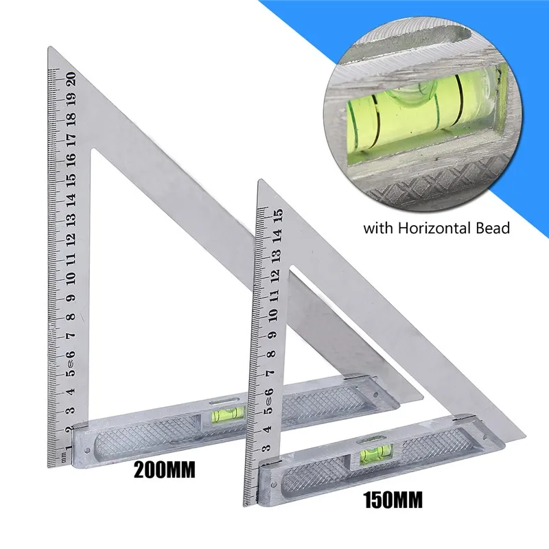 

150mm/200mm Triangular Measuring Ruler Aluminum Alloy Speed Square Roofing Triangle Angle Protractor Tools With Level Bubble