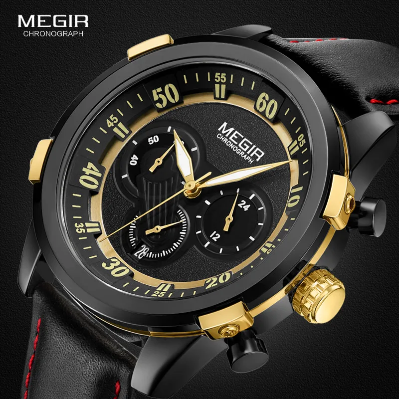 

Megir Men's Leather Strap Chronograph Quartz Watches Fashion Sport Analogue Wristwatches for Boys 24 Hours Display ML2067