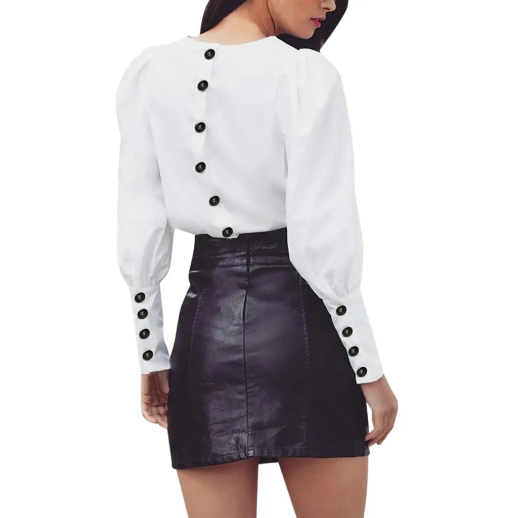 

2019 Women Elegant Pure Color V-neck Button Long Sleeve Casual Blouse shirt Lady Tops tee shirt femme Plus Size Camiseta Feminin