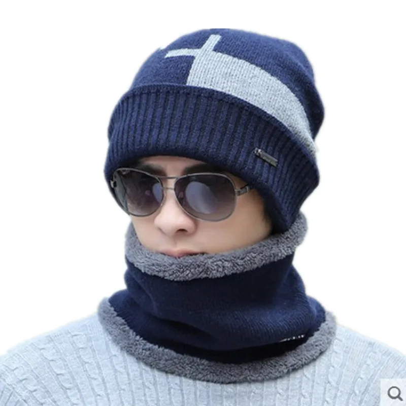Autumn Winter Cotton Hat 2 pieces Men Woman Knitted Warm Hat Caps+Scarf Set Solid Wool Cap Thick Baggy Neckerchief Warm Headwear