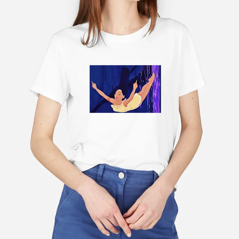 

2019 BUSTED Women's Pocahontas Print Short Sleeve White T-shirt Summer Kawaii 100% Cotton Soft Casual Women Tops Tee Ulzzang