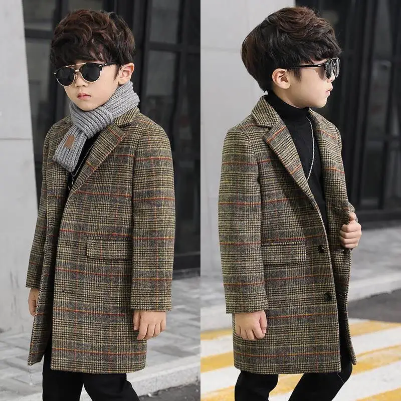 

2019 Autumn Winter New Kids Boys Thick Warm Plaid Wool Blends Coats Children Clothes Boys Woolen Long Jacket Outwear F22