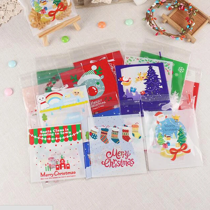 

100PCS 33 Style Xmas Snowflake Snowman Santa Tree Bear Christmas Holders Bake Biscuit Cookies Candy Jewelry Packaging Bags
