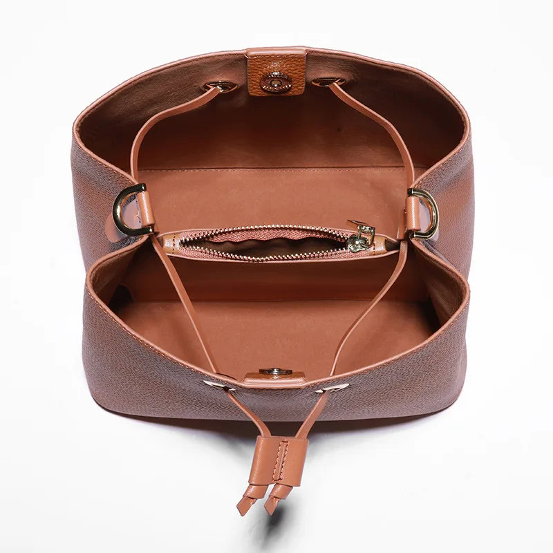 Simple lychee pattern First layer cowhide women's bucket bag draw belt buckle open and close crossbody bags for women bag