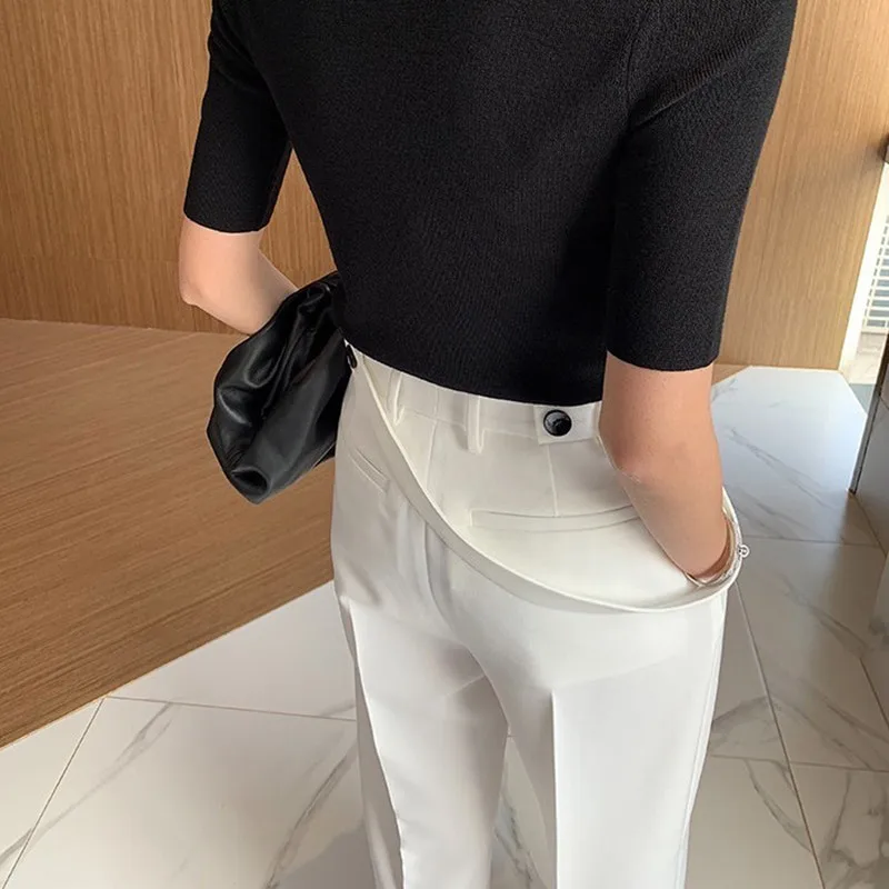 CHICEVER Summer Elegant Solid Women Pant High Waist Irregular Button Fly Pockets Pleated Slim Regular Female Straight Pants