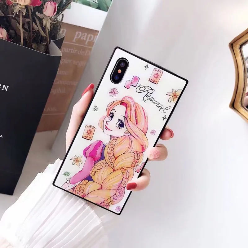 For iPhone XS X Mermaid Ariel Tangled Rapunzel Blue-Ray Tempered Glass Case 7 8 6 6S Plus Square Fashion Cover |