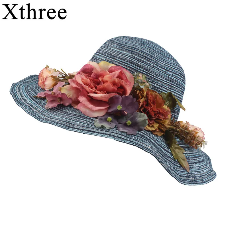 

Xthree Summer women Raffia straw hat cap Ladies Big brim Sun hat for girl flower and Lace beach hat