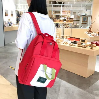 

Women Large Capacity Backpack Contrast Color Canvas Schoolbag with Adjustable Straps New