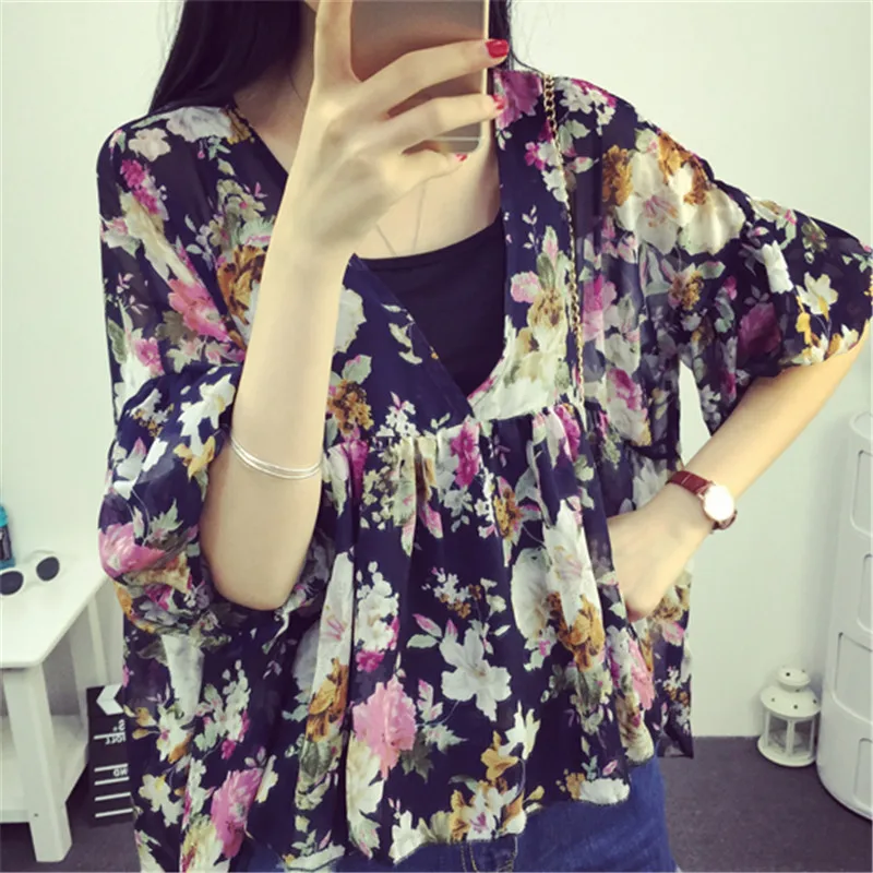 Women Floral Print Blouse Casual V-Neck Chiffon Blouses Lady Lantern Sleeve Ruffles Shirts irregular Blusas Tops Plus Size A1338 2