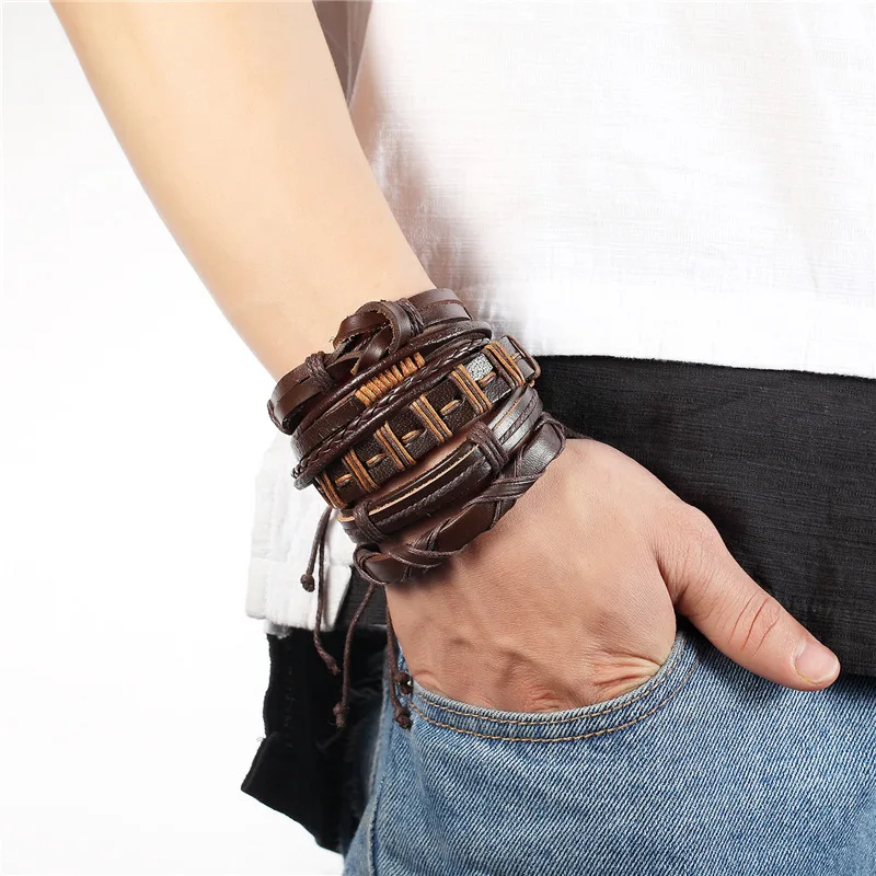 Кожаные браслеты оптом мужские многослойный Плетеный браслет и браслеты панк обертывание браслеты для женщин панк повседневные мужские браслеты