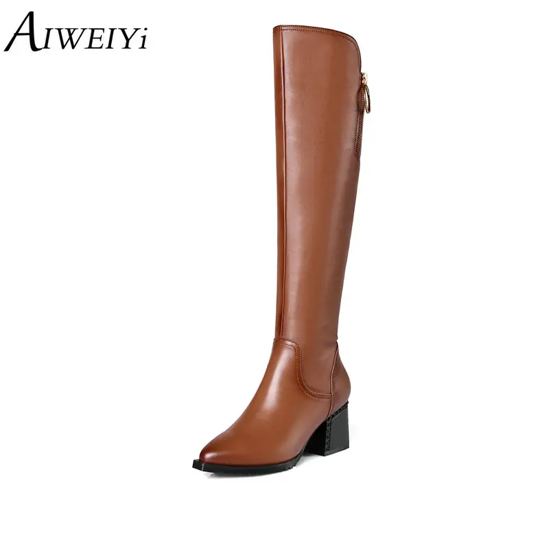 

AIWEIYi Plus Size 34-42 Over the Knee Boots for Women Pointed toe Genuine Leather Thick Heel High Heels Thigh High Boots BlacK