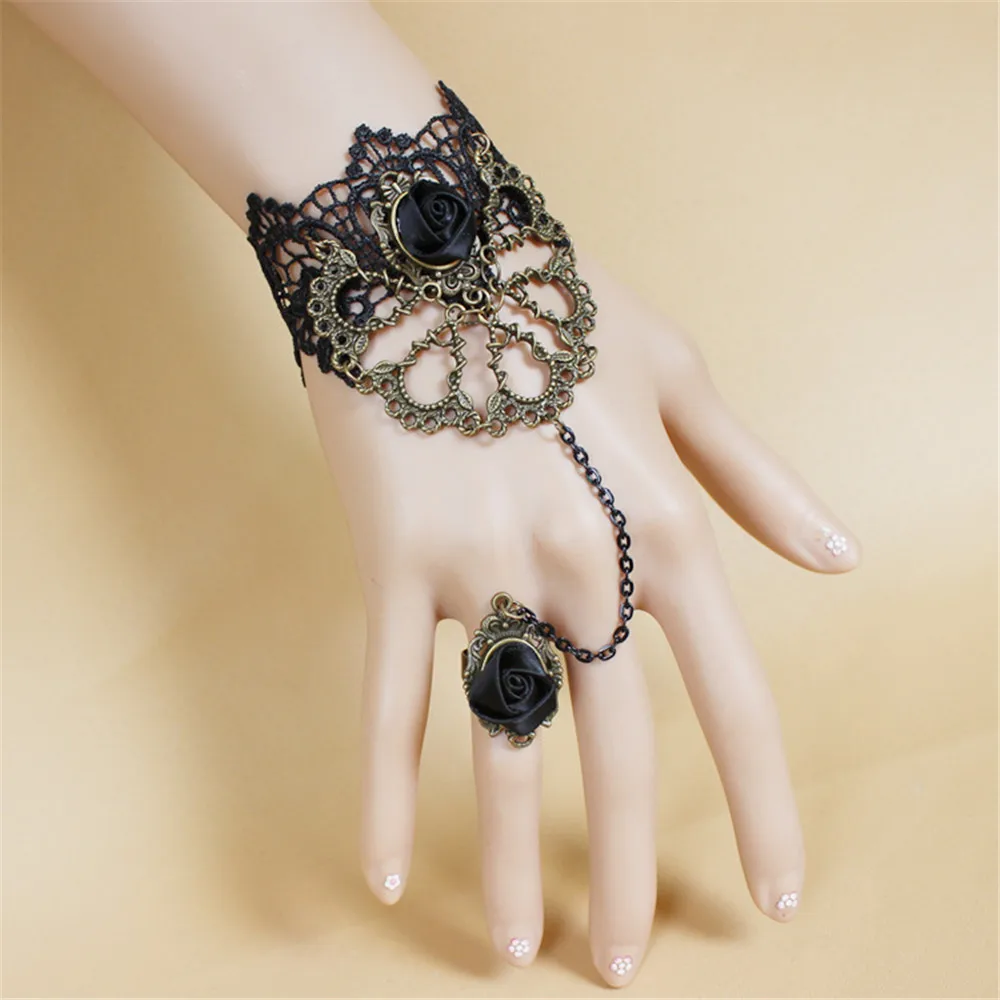 

Cosplay Medieval retro lolita black lace gothic vampire rose bracelet with ring one chain for Halloween props costume