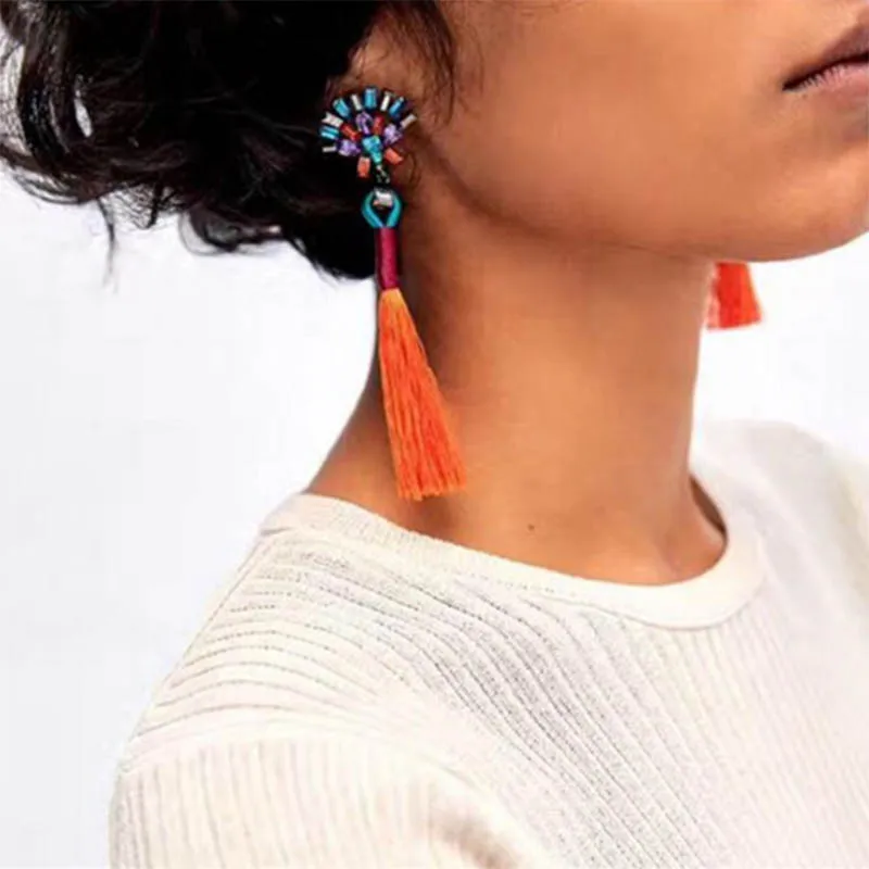 

Vintage Ethnic Long Tassel Earring Women Fashion Brand Jewelry Geometric Crystal Plating Simple Dangle Drop Earrings