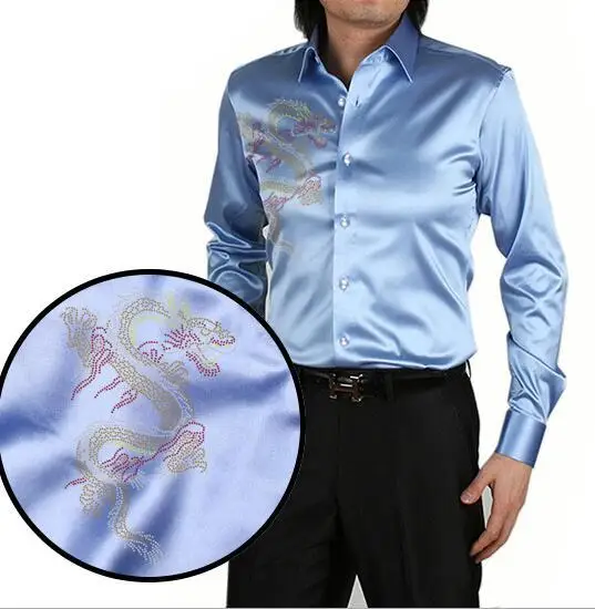 Us 2366 20 Offhitam Desain Cina Naga Percetakan Sutra Pria Kasual Lengan Baju Kaus Baju Pesta In Tuxedo Shirts From Pernikahan Acara On