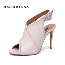 BASSIRIANA high thin heels gladiator Genuine leather rivet back strap sandal