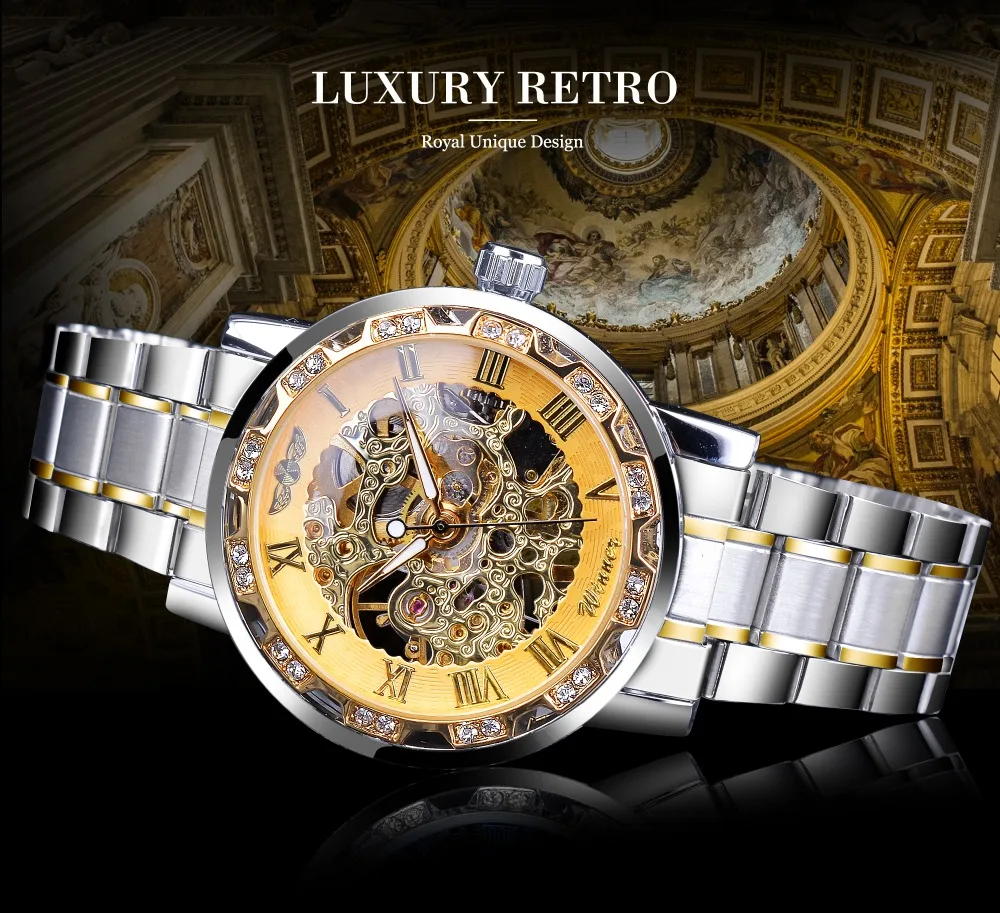 Победитель Золотой часы с костями Роскошные Алмаз дизайн серебро Нержавеющая сталь для мужчин механические наручные часы световой мужск