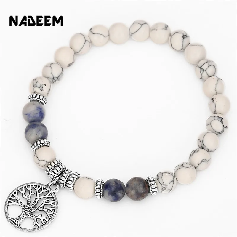 

8MM White Turquoise and Regalite Stone Bead Tree Pendant Bracelet & Bangles for Women and Men Jewelry Charm Friendship Bracelet