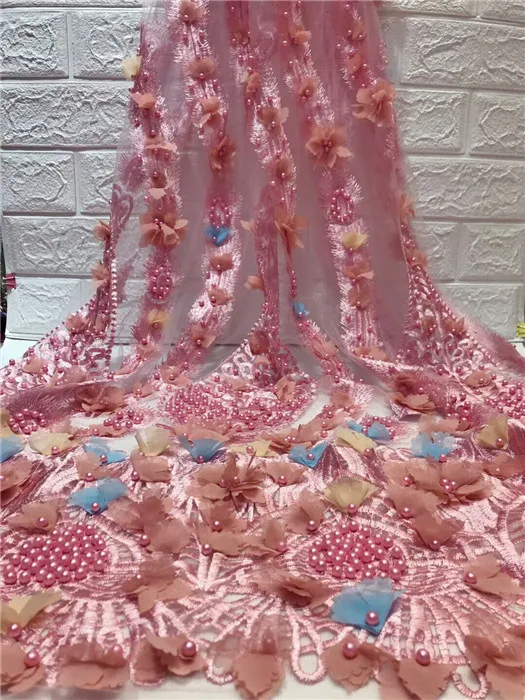 Beaded 3d flowers french lace fabric 5 yards dubai embroidery mesh lace