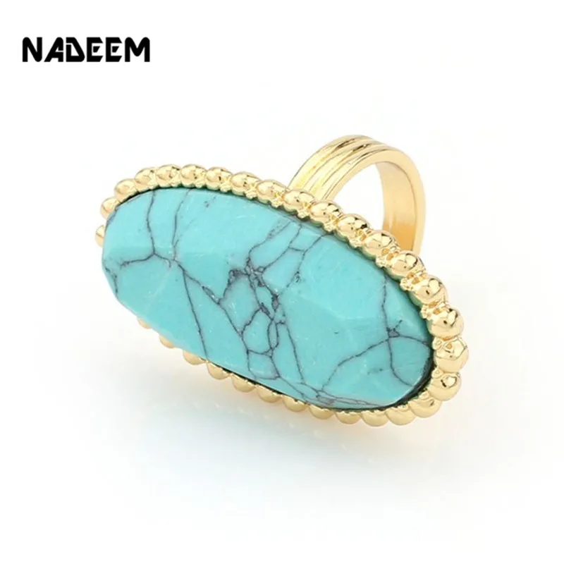 

Fashion Jewelry Gold-Color Exotic Oval Howlite Stone Finger Ring Inner Dia 17mm Summer Tube Female Bohemia Ring Women Girl Gift