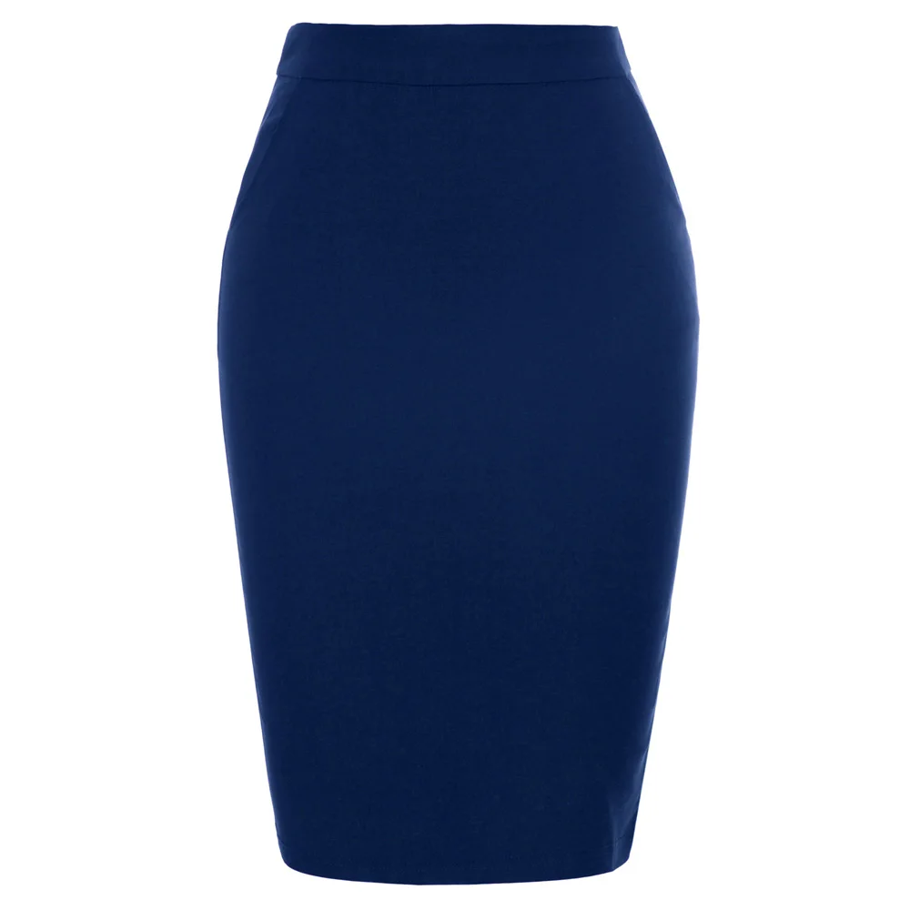 KK Женская деловая юбка, однотонная, эластичная, с разрезом сзади, в бедрах, элегантная, Ретро стиль, Классическая, облегающая, облегающая юбка с карманами - Цвет: Navy Blue
