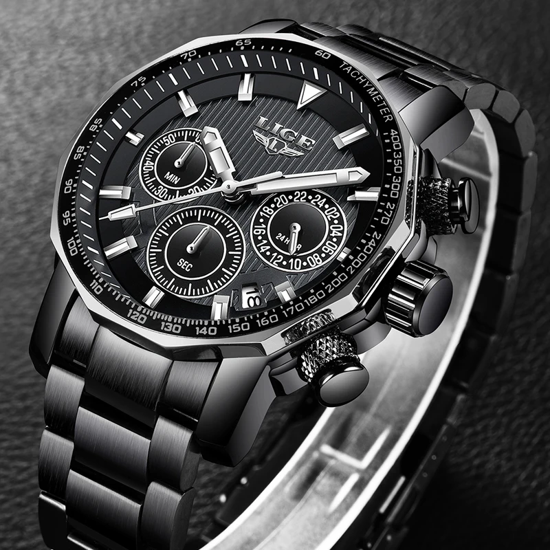 

LIGE Stainless Steel Men Watch Top Brand Luxury Fashion Business Big Dial Sport Waterproof Date Watches Mens Relojes Para Hombre