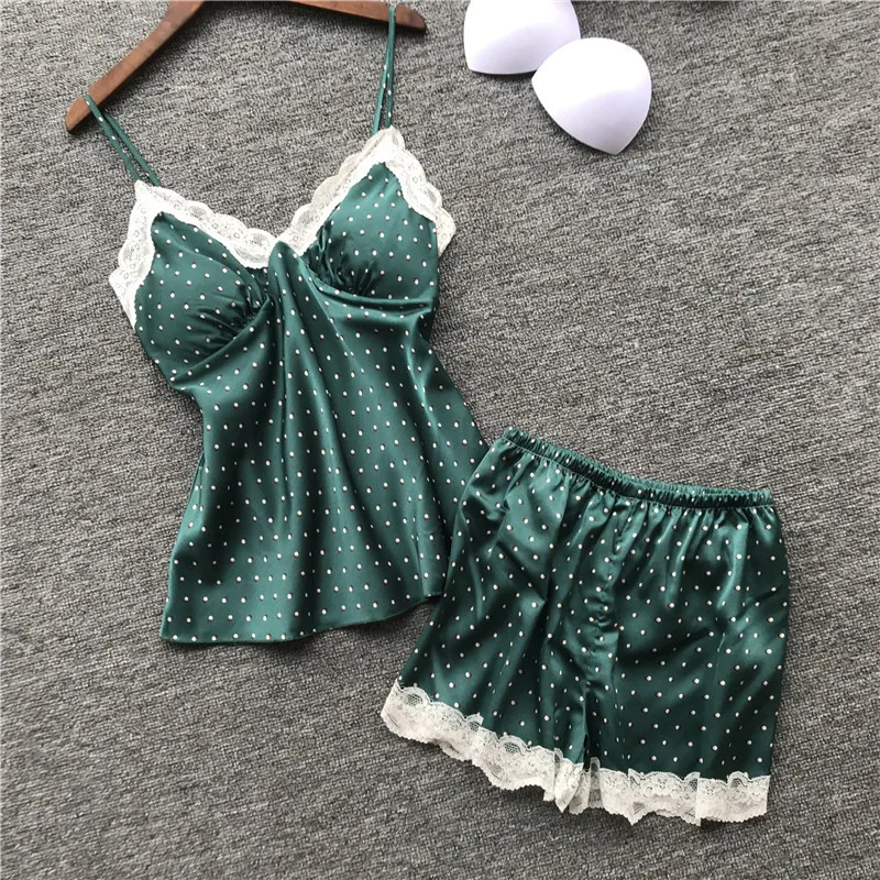 

Sexy Women Pajamas with Chest Pad Satin Flower Print Pijamas Female 2 Piece Set 2019 Summer Pajamas for Women Pyjama Nightsuits
