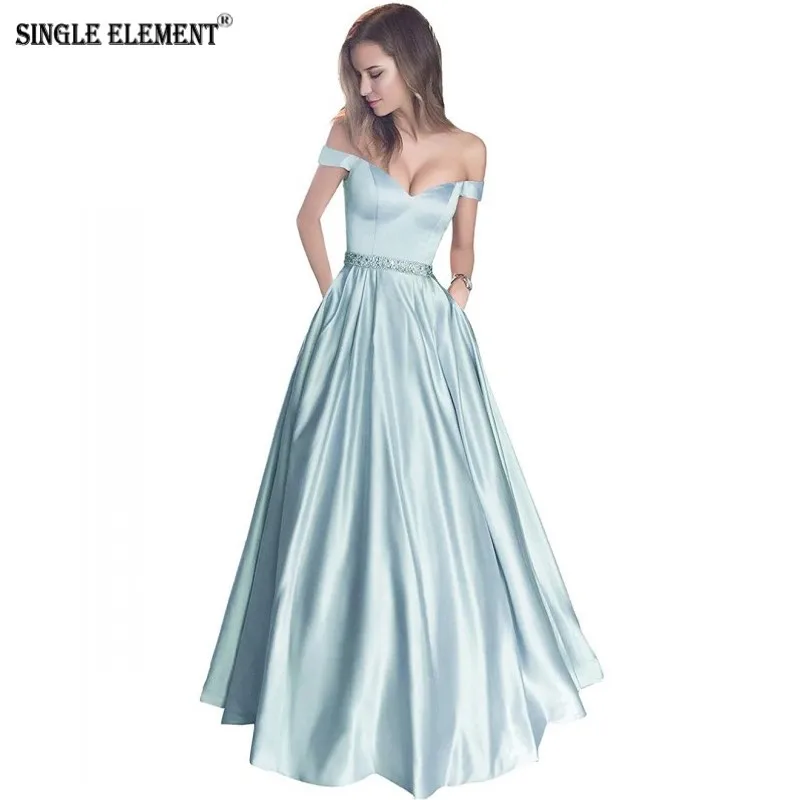 

SINGLE ELEMEN Off Shoulder Beads Long Satin Evening Dresses