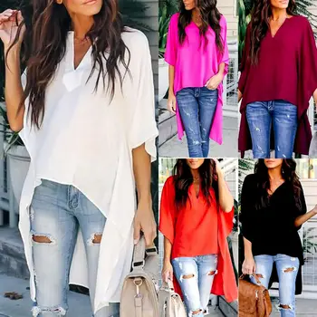 

Hot 2019 Women Summer Elegant Irregular V-Neck Chiffon Blouses soft Tunic Casual Solid breathable Half batwing sleeve Top Shirts