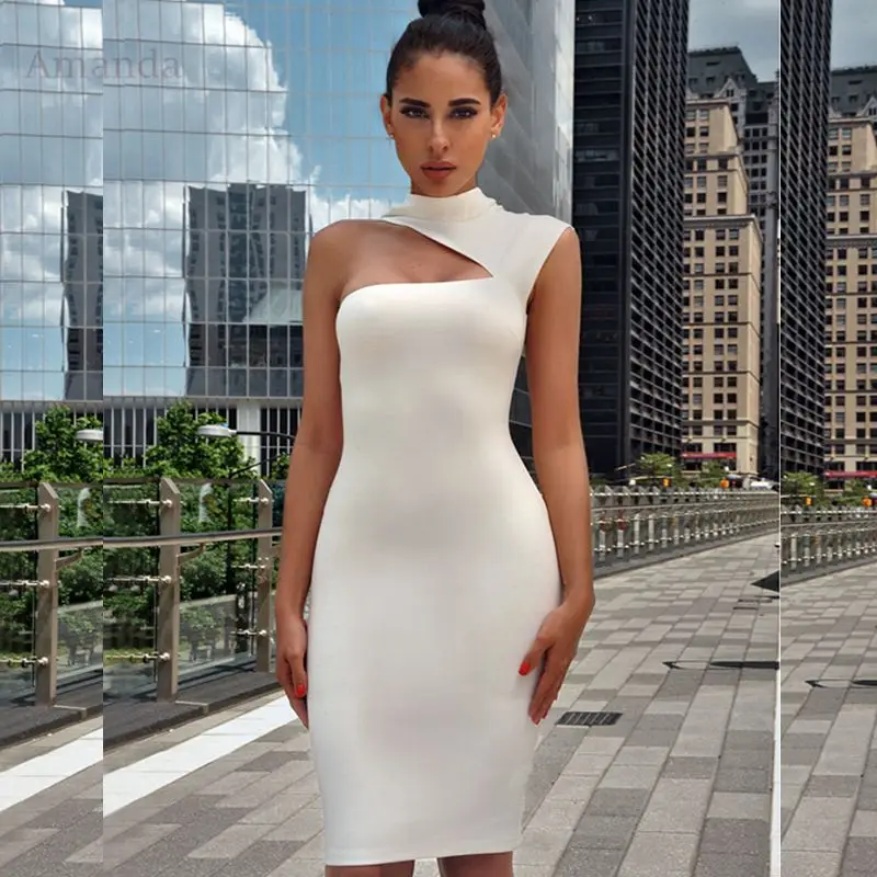 

fashion 2017 women elegant white bandage dress sexy summer dress solid color high quality vetsidos chic girl party dresses