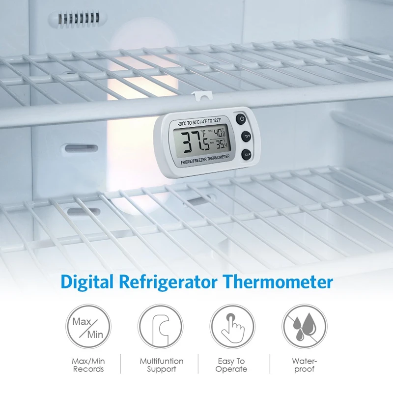 Холодильник термометр, водонепроницаемый мини-Морозильник Термометр, цифровой термометр с крюком, ЖК-дисплей, ℃/℉ переключатель + Макс/Ми